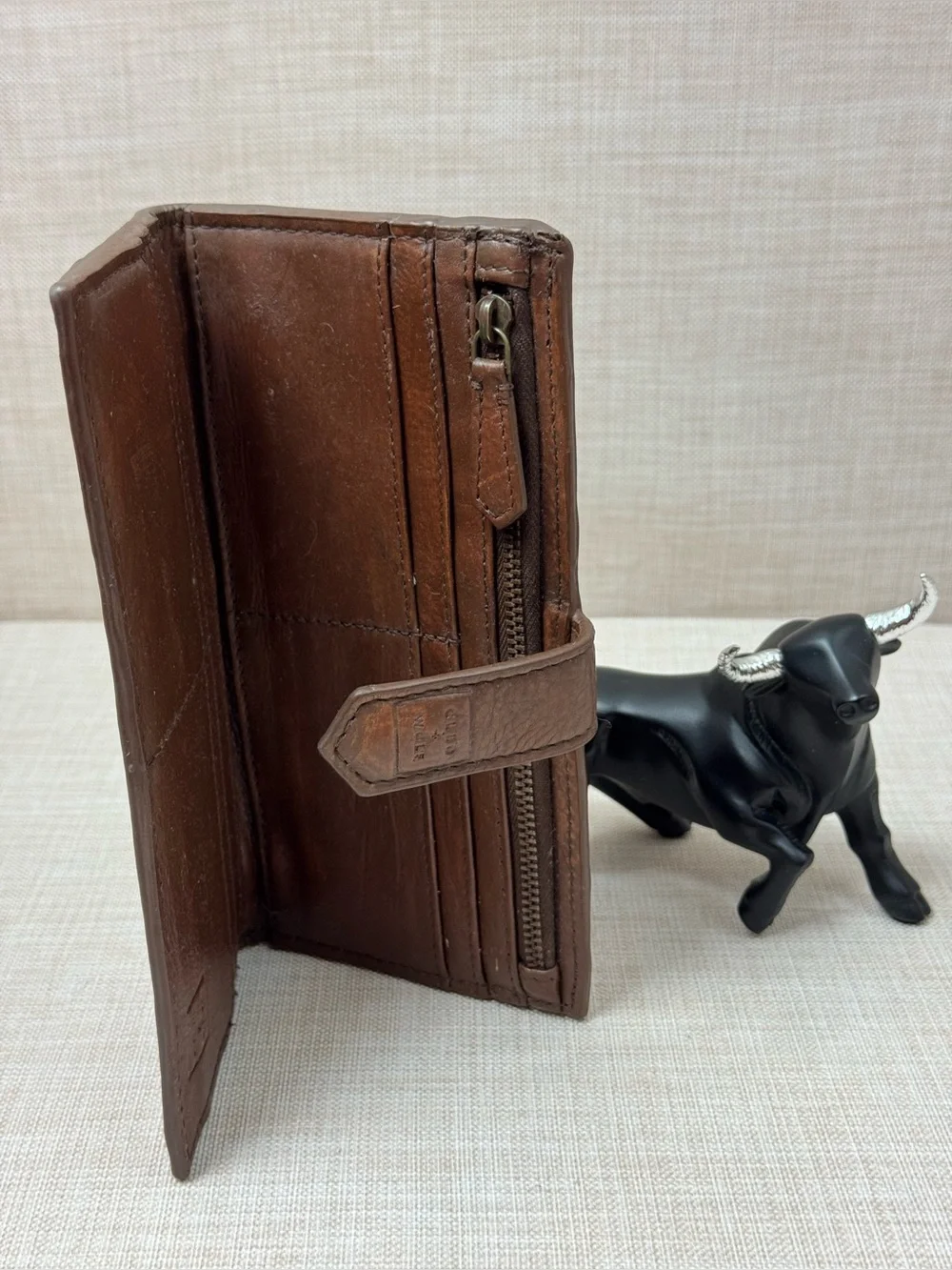 Cleo + Wolf Brown Leather Basketweave Long Bifold Wallet